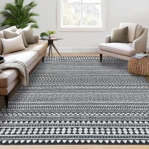 Living Room Area Rug 9x12 Boho Rug Indoor Non-Slip Large Bedroom Rug Stain Resistant Throw Floor Carpet Gometric Dining Room Rug Moroccan Accent Rug for Home Office, Black