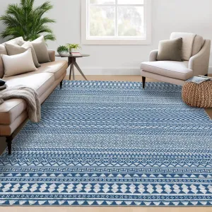 Living Room Area Rug 9x12 Boho Rug Indoor Non-Slip Large Bedroom Rug Stain Resistant Throw Floor Carpet Geometric Dining Room Rug Moroccan Accent Rug for Home Office, Blue