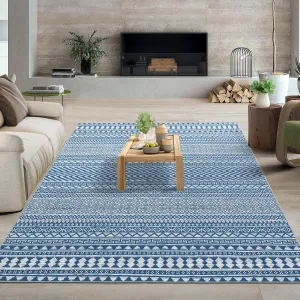 6x9 Living Room Rug Boho Geometric Soft Low Pile Rug Non Slip Non Shedding Carpet Stain Resistant Rug for Bedroom Nursery Home Office, Blue/ 6'× 9'