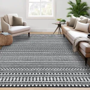 Washable Area Rug 3x5 Entryway Rug Washable Mat Black Rug Low Pile Non-Shedding Farmhouse Neutral Rug Indoor Soft Non Slip Carpet for Living Room Bedroom Dining Room Home Office Black