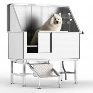 50" Dog Washing Station, Professional Stainless Steel Pet Dog Grooming Bath Tub with Bathing Station & Stairs, Washing Sink for Home