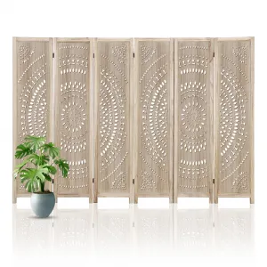 Folding Room Divider Panels 67 Inch Tall,6 Panels Wood Carved Privacy Screens,Free Assembled Freestanding Partition for Home Office Restaurant Bedroom 7.6 FT(W)