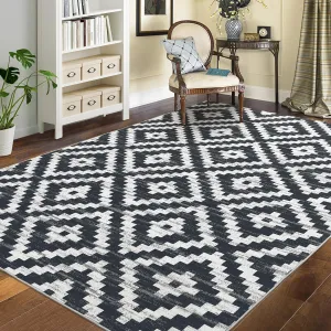 Washable Rugs 9x12 Moroccan Geometric Trellis Area Rug for Living Room Bedroom Office Nursery Low Pile Neutral Soft Carpet Modern Distressed Farmhouse Floor Cover Black and White