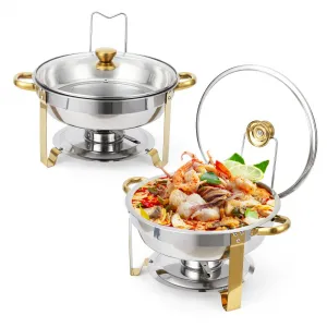 Chafing Dish Buffet Set 2 Pack 5QT, Stainless Steel Round Chafing Dishes for Buffet with Lid Holder & Glass Lid, Buffet Servers and Warmers for Parties, Wedding, Camping, Dinner, Gold
