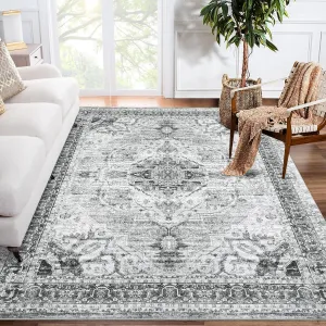 5x7 Area Rugs Ultra-Thin Washable Rug Stain Resistant Anti Slip Backing Vintage Grey