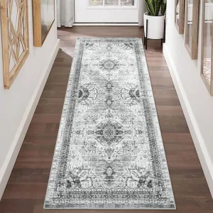 Area Rug 2x6 Low-Pile Machine Washable Rug Vintage Rug with Non-Slip Backing, Indoor Non-Shedding Floor Rugs for Living Room Bedroom Kitchen Laundry Home Office Carpet,Grey