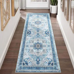 Area Rug 2x6 Low-Pile Machine Washable Rug Vintage Rug with Non-Slip Backing, Indoor Non-Shedding Floor Rugs for Living Room Bedroom Kitchen Laundry Home Office Carpet,Blue