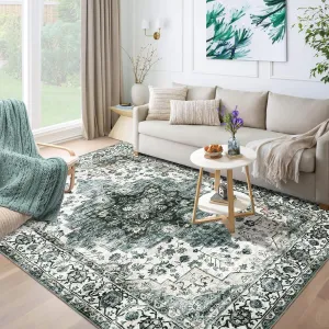 Washable Oriental Area Rug 5x7 Green Vintage Rugs Floral Print Throw Carpet Soft Non Slip Bedroom Rugs Retro Accent Throw Kitchen Mat Ultra Thin Traditional Home Deor Rug for Kitchen Office