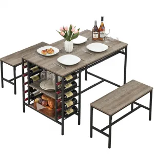 Dining Table Set for 4, Rectangular Kitchen Table Set with 2 Benches, Wine Rack and Glass Holder, 3 Piece Dining Table Set for Small Space Apartment, Grey