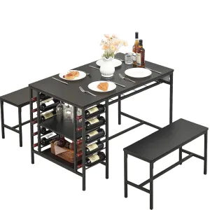 Dining Table Set for 4, Rectangular Kitchen Table Set with 2 Benches, Wine Rack and Glass Holder, 3 Piece Dining Table Set for Small Space Apartment, Black