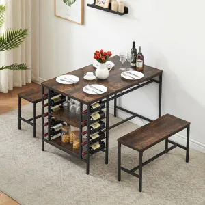 Dining Table Set for 4, Rectangular Kitchen Table Set with 2 Benches, Wine Rack and Glass Holder, 3 Piece Dining Table Set for Small Space Apartment, Brown