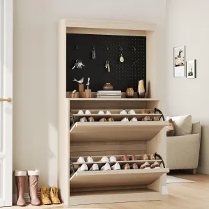 Shoe Cabinet with 2 Flip Drawers and Storage, Freestanding Shoe Cabinet with Hook, Wooden Shoe Storage Cabinet with Adjustable Shelf, Hidden Shoe Rack for Entryway, Hallway, Living Room