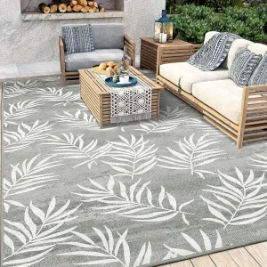 Area Rug 5"x 8" Outdoor Indoor Rug Modern Leaves Pattern Grey Low Pile Non-Shedding High Traffic Mat