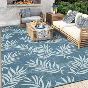 Area Rug 5"x 8" Outdoor Indoor Rug Modern Leaves Pattern Blue Low Pile Non-Shedding High Traffic Rug