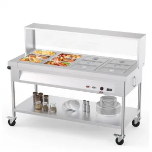 96QT Commercial Food Warmer 12x8QT Electric Steam Table with Acrylic Shield Stainless Steel Bain Marie Countertop Lockable Wheels
