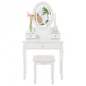 Vanity Desk with Mirror and Lights, Wood Makeup Dressing Table with Oval Mirror & Stool,3 Colors Lighting Modes,Modern Bedroom Dressing Table with 5 Large Drawers for Kids Girls Women (White)