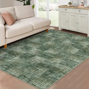 Sage Green Modern Abstract 4x6 Area Rug - Washable Low Pile, Non-Slip Rubber Backing - Soft, Collapsible Accent Rug for Living Room, Bedroom, Kitchen, Nursery, Home Office