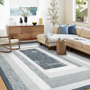 Living Room Rug 8x10 Washable Rug with Non Slip Backing for Dining Room Easy-Cleaning Area Rug Abstract Geometric Floor Cover Soft Large Area Rug for Bedroom Office Nursery,Grey