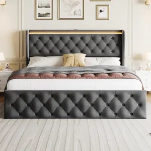 King Platform Bed Frame with 4 Drawers, Velvet Upholstered Bed Frame with Button Tufted Wings Headboard, King Size Bed Frame with LED Light, Charging Station, No Box Spring Needed, Gray