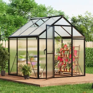 6'x6' Outdoor Greenhouse Small Walk-in with Adjustable Ventilation Lockable Door Windproof Aluminum Frame Durable Polycarbonate Panels Backyard Gardening