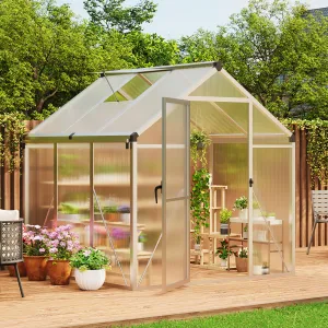 6x6 FT Polycarbonate Greenhouse with Roof Vent and Lockable Door, Aluminum Frame, Water Gutter System, Outdoor Garden Patio Lawn