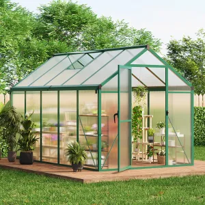 6x10 FT Walk-in Greenhouse Polycarbonate Panels Aluminum Frame Roof Vent Ground Nails Backyard Garden