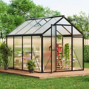 6x8 FT Polycarbonate Greenhouse for Outdoors with Roof Vent & Lockable Push Door, Aluminum Frame, Ground Nails, Rain Gutters, Large Walk-in for Garden Patio Lawn