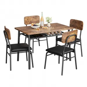 5-Piece Modern Dining Table Set with Metal Frame,  Dining Room Set for 4, Built-in Storage Rack, Space Saving Kitchen Table with 4 Padded Chairs for Dining Room, Small Space, Vintage Brown