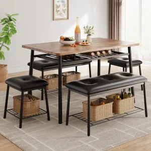 5-Piece Dining Table Set, Dinner Table Set with 2 Upholstered Bench and 2 Square Stools, Modern Kitchen Table Set for 4 with Storage Rack, Dining Furniture for Small Space, Brown