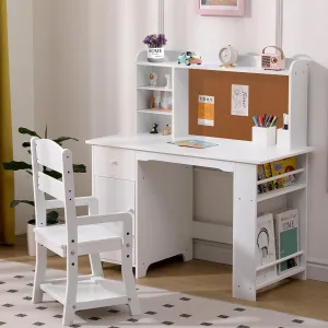 Kids Study Desk and Chair Set with Bookshelf, Bulletin Board, and Cabinets Perfect for Ages 3-8, White