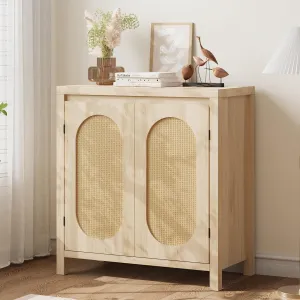 Rattan Storage Cabinet, Wooden Sideboard Buffet Cabinet with Doors and Shelves, Small Console Cabinet with Storage, Boho Accent Cabinet for Entryway, Living Room, Dining Room, Natural