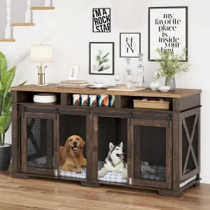 Dog Crate Furniture, 71" Heavy Duty Dog Kennel Furniture with 3 Storages and Removable Divider, Furniture Style Double Dog Crate Table Indoor TV Stand for Large Medium Dogs, Dark Walnut
