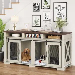 Dog Crate Furniture for 2 Dogs, 71" Heavy Duty Dog Kennel with 3 Storages and Removable Divider, Furniture Style Indoor Dog Crate Table TV Stand for Large Medium Dogs, White