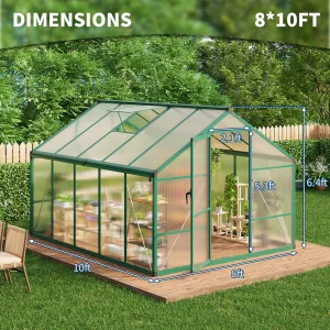 8x10 FT Polycarbonate Greenhouse with Roof Vent, Lockable Push Door, Aluminum Frame, Ground Nails, Walk-in Design for Garden Patio