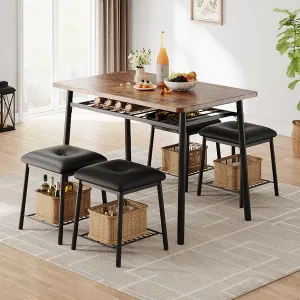 5-Piece Dining Table Set, Dinner Table Set with 4 Upholstered Square Stools and Storage Rack, Modern Kitchen Table Set for 4, Dining Furniture for Small Space, Brown