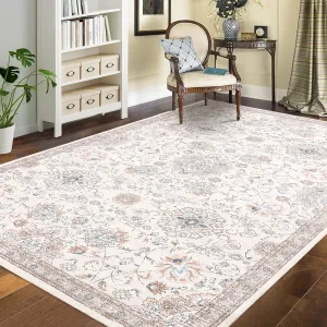Area Rug 8x10 Washable Rugs for Living Room Boho Vintage Area Rug for Bedroom Distressed Oriental Office Rug Low Pile Neutral Soft Nursery Rug Non Slip Farmhouse Floor Cover Beige