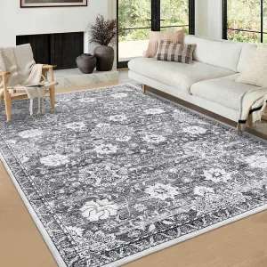 Large Living Room Rug 9x12 Non Slip Non-Shedding Vintage Floral Carpet Dark Grey