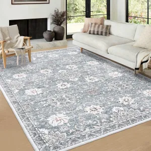 Washable Rugs 9x12 Large Area Rug for Living Room Bedroom Office Nursery Boho Vintage Area Rug Distressed Oriental Rug Low Pile Neutral Soft Rug Non Slip Farmhouse Floor Cover Dusty Blue