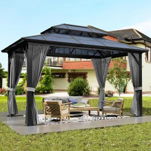 10'x13' Hardtop Gazebo Polycarbonate Double Roof Aluminum Frame with Curtains & Netting for Garden Patio Lawns