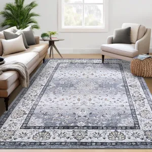 Washable Rugs 9x12 Rug Non Slip Boho Vintage Soft Grey for Living Room Bedroom Nursery