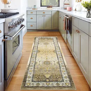 Washable Rug Runner 2x6 Entryway Rug Vintage Non Slip Kitchen Rugs Bath Mat Boho Floral Rugs for Bedroom Throw Rugs Soft Stain Resistant Carpet for Laundry Hallway 2'x6' Yellow