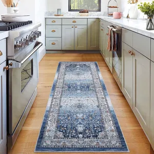 Washable Runner Rug 2x6 Runner Vintage Non Slip Kitchen Rug with Rubber Backing Bathroom Rugs Floral Entryway Rug Soft Stain Resistant Carpet for Bedroom Laundry Hallway 2'x6' Blue