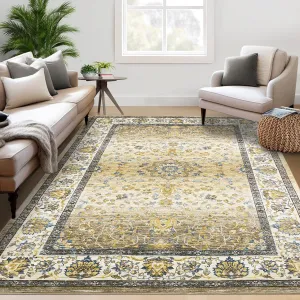 Washable Rugs 8x10 Rug for Living Room Boho Vintage Floral Oriental Large Soft Non Shedding Stain Resistant Carpet Gold