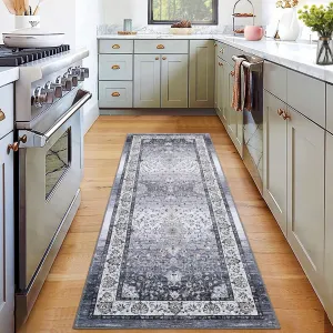 Washable Runner Rug 2x6 Entryway Rug Vintage Non Slip Kitchen Rugs Bathroom Rugs Floral Grey Rugs for Bedroom Throw Rugs Soft Stain Resistant Carpet for Laundry Hallway 2'x6' Silver