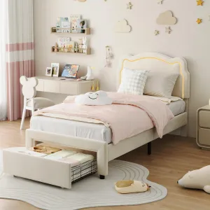 Kids Bed Frame with Drawer, Velvet Upholstered Platform Twin Bed Frame with Smart LED & Adjustable Headboard, No Box Spring Needed, Easy Assembly, Noise-Free, Beige