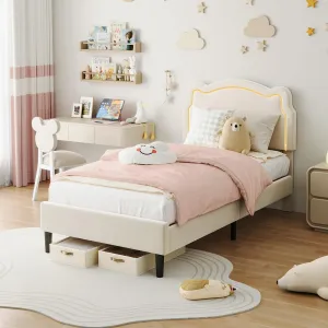 Kids Upholstered Bed Frame, Twin Velvet Princess Bed Frame with Adjustable Headboard, Smart RGB LED Lights, Wood Slats Support, Easy Assembly, for Girls Kids' Bedroom, Beige