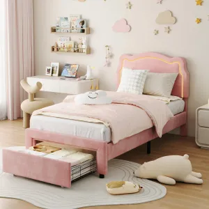 Kids Upholstered Bed Frame with Drawer, Velvet Princess Platform Twin Bed Frame with Smart LED & Adjustable Headboard, No Box Spring Needed, Easy Assembly, Noise-Free, Pink