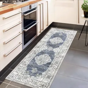Washable Runner Rug Vintage Floral Area Rugs Non Slip Entryway Rug Laundry Rug Runner Distressed Floor Carpet Runners for Hallways Laundry Room Kitchen Mat Bathroom Rug 2'x6' Blue