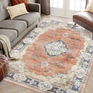 Large Area Rug 10x13 Washable Rug Vintage Floral Rug Non Slip Low Pile Distressed Rug Stain Resistant Rug Indoor Floor Cover for Living Room Bedroom Office, Orange