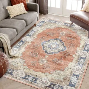 Area Rug 8x10 Washable Rugs Living Room Non-Slip Vintage Ultra Thin High Traffic Carpet Soft Low Pile Indoor Distressed Floor Carpet for Bedroom Dining Room, Orange